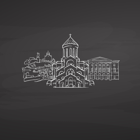Tbilisi Georgia signs on blackboard. Digital chalk drawn vector sketch on blackboard. European capitals destinations.のイラスト素材