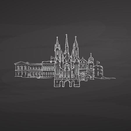 Vilnius Lithuania signs on blackboard. Digital chalk drawn vector sketch on blackboard. European capitals destinations.のイラスト素材
