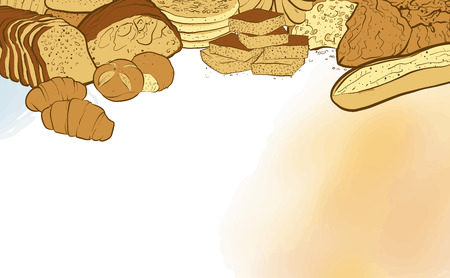 bakery breads banner with watercolor background. hand-drawn vector illustrationのイラスト素材