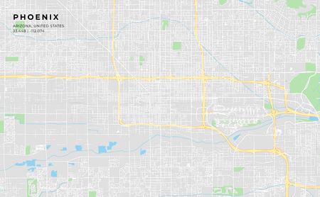 Printable streetmap of Phoenix including highways, major roads, minor roads and bigger railways. The name of the city and the geographic data are grouped and can be removed if they are not needed.