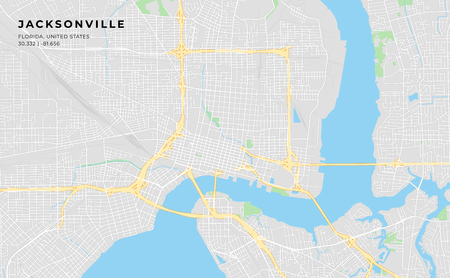 Printable streetmap of Jacksonville including highways, major roads, minor roads and bigger railways. The name of the city and the geographic data are grouped and can be removed if they are not needed.のイラスト素材