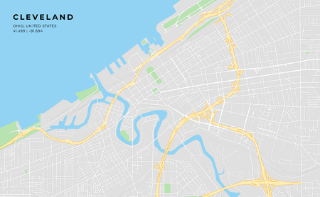 Printable streetmap of Cleveland including highways, major roads, minor roads and bigger railways. The name of the city and the geographic data are grouped and can be removed if they are not needed.のイラスト素材