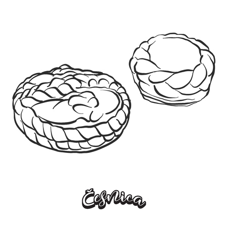 Hand drawn sketch of Äesnica bread. Vector drawing of Soda bread food, usually known in Serbia. Bread illustration series.のイラスト素材