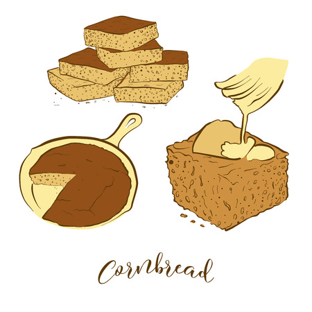 Colored sketches of Cornbread bread. Vector drawing of Cornbread food, usually known in America. Colored Bread illustration series.のイラスト素材