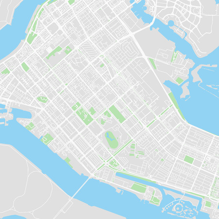 Downtown vector map of Abu Dhabi, United Arab Emirates. This printable map of Abu Dhabi contains lines and classic colored shapes for land mass, parks, water, major and minor roads as such as major rail tracks.のイラスト素材