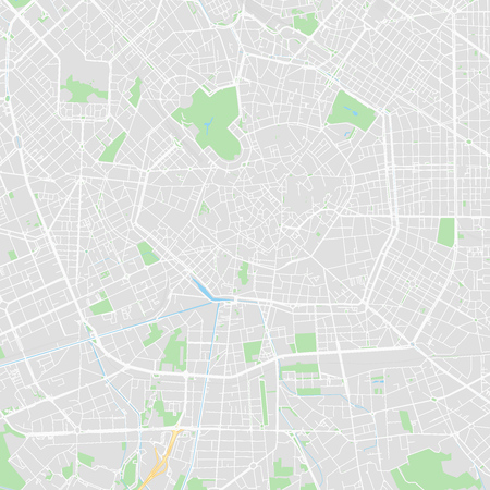 Downtown vector map of Milan, Italy. This printable map of Milan contains lines and classic colored shapes for land mass, parks, water, major and minor roads as such as major rail tracks.