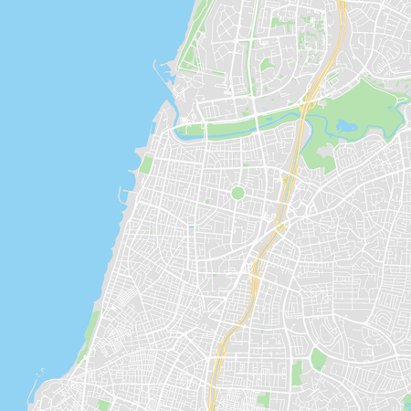Downtown vector map of Tel Aviv, Israel. This printable map of Tel Aviv contains lines and classic colored shapes for land mass, parks, water, major and minor roads as such as major rail tracks.のイラスト素材