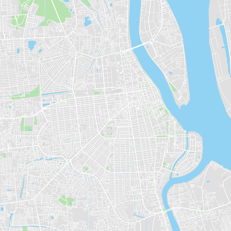 Downtown vector map of Phnom Penh, Cambodia. This printable map of Phnom Penh contains lines and classic colored shapes for land mass, parks, water, major and minor roads as such as major rail tracks.のイラスト素材