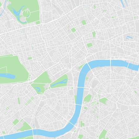Downtown vector map of London, United Kingdom. This printable map of London contains lines and classic colored shapes for land mass, parks, water, major and minor roads as such as major rail tracks.のイラスト素材