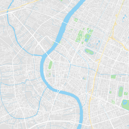 Downtown vector map of Bangkok, Thailand. This printable map of Bangkok contains lines and classic colored shapes for land mass, parks, water, major and minor roads as such as major rail tracks.のイラスト素材