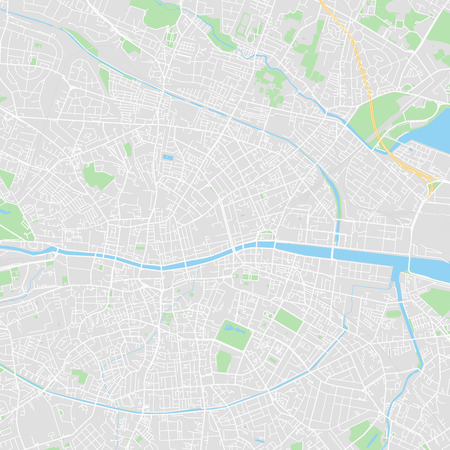 Downtown vector map of Dublin, Ireland. This printable map of Dublin contains lines and classic colored shapes for land mass, parks, water, major and minor roads as such as major rail tracks.のイラスト素材