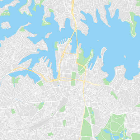 Downtown vector map of Sydney, Australia. This printable map of Sydney contains lines and classic colored shapes for land mass, parks, water, major and minor roads as such as major rail tracks.のイラスト素材