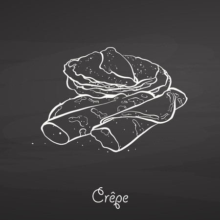 CrÃªpe food sketch on chalkboard. Vector drawing of Pancake, usually known in France. Food illustration series.のイラスト素材