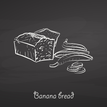 Banana bread food sketch on chalkboard. Vector drawing of Sweet bread, usually known in United States. Food illustration series.のイラスト素材