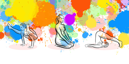 Set of three yoga exercises. Hand-drawn vector illustration, creative backdrops series.のイラスト素材