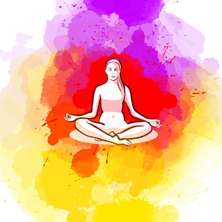 Sitting yoga pose on colorful background, hand-drawn vector illustration.のイラスト素材