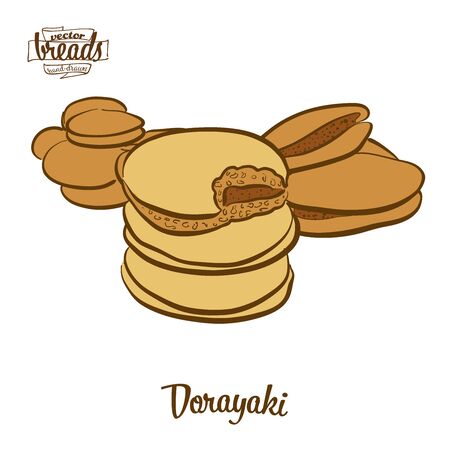 Dorayaki bread. Vector illustration of Pancake food, usually known in Japan. Colored Bread sketches.のイラスト素材