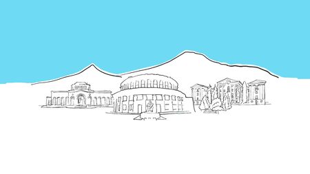 Yerevan Armenia Skyline Panorama Vector Sketch. Hand-drawn Illustration on blue background.の写真素材
