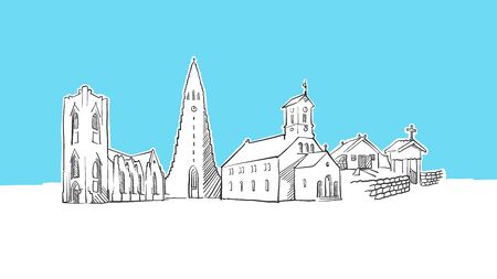 Reykjavik Iceland Skyline Panorama Vector Sketch. Hand-drawn Illustration on blue background.の写真素材