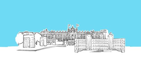 Madrid Spain Lineart Vector Sketch. and Drawn Illustration on blue background.のイラスト素材