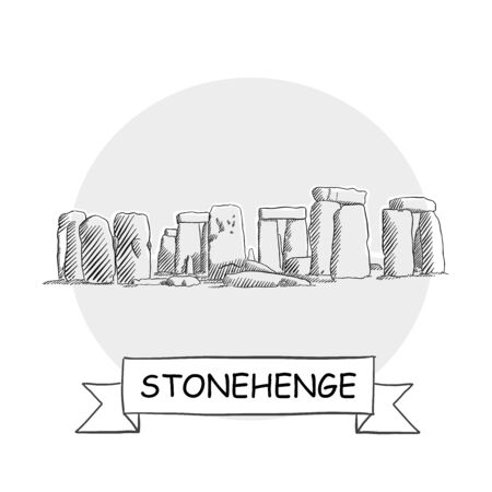 Stonehenge Hand-Drawn Urban Vector Sign. Black Line Art Illustration with Ribbon and Title.のイラスト素材