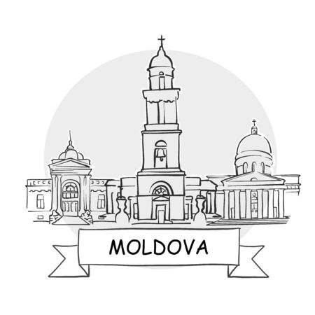 Moldova Hand-Drawn Urban Vector Sign. Black Line Art Illustration with Ribbon and Title.のイラスト素材