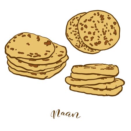 Colored drawing of Naan bread. Vector illustration of Flatbread food, usually known in Asia. Colored Bread sketches.のイラスト素材