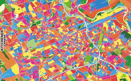 Colorful vector map of Kitchener, Ontario, Canada. Art Map template for selfprinting wall art in landscape format.のイラスト素材