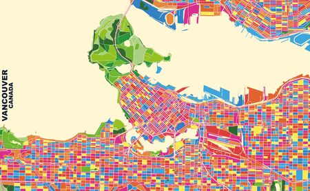 Colorful vector map of Vancouver, British Columbia, Canada. Art Map template for selfprinting wall...