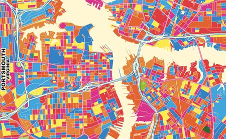 Colorful vector map of Portsmouth, Virginia, USA. Art Map template for selfprinting wall art in...