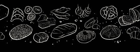 Outline version of Fresh bread banner. Seamless panoramic composition with hand drawn bread. Vector...