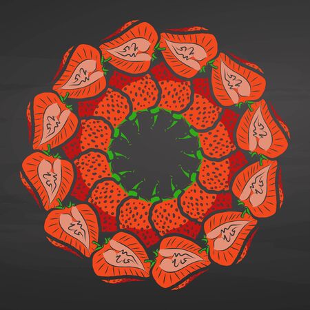 Colorful strawberries arranged in a circle. Seamless round composition with hand drawn fruits. Vector illustration on blackboard.のイラスト素材
