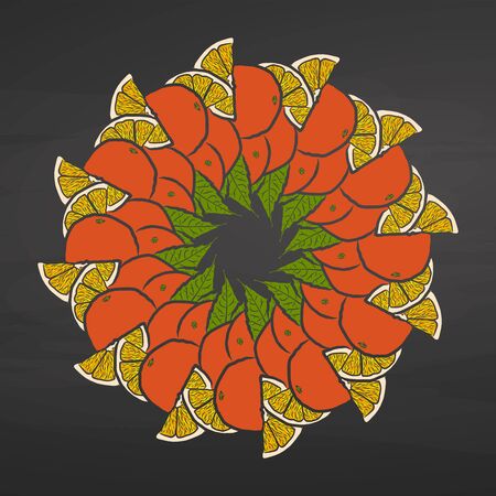 Colorful oranges arranged in a circle. Seamless round composition with hand drawn fruits. Vector illustration on blackboard.のイラスト素材