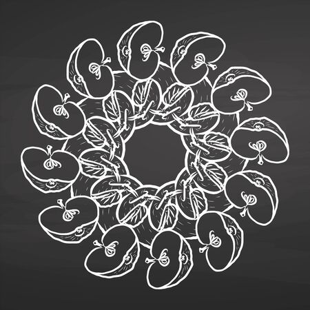 Chalk sketch of apples arranged in a circle. Seamless round composition with hand drawn fruits. Vector illustration on chalkboard.のイラスト素材
