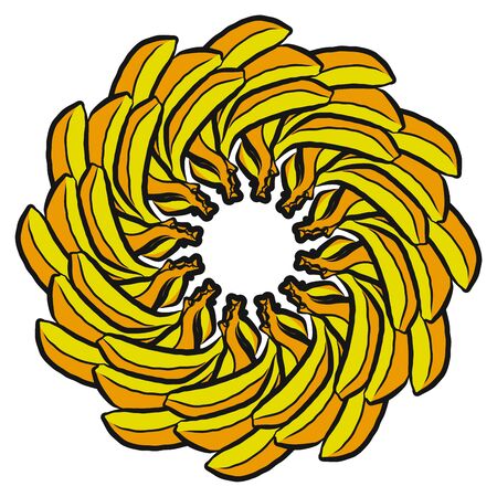 Many bananas arranged in a circle. Seamless round composition with hand drawn fruits. Vector illustration on white background.のイラスト素材