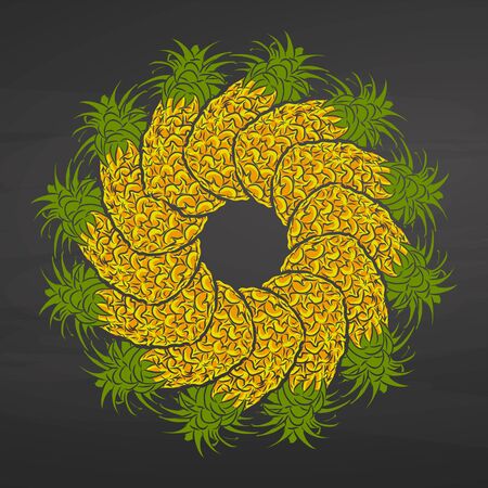 Colorful pineapples arranged in a circle. Seamless round composition with hand drawn fruits. Vector illustration on blackboard.のイラスト素材