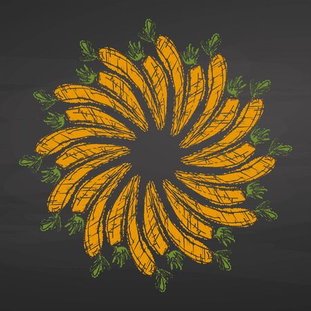 Carrots arranged in a circle. Seamless round composition with hand drawn veggies. Vector illustration on blackboard.のイラスト素材