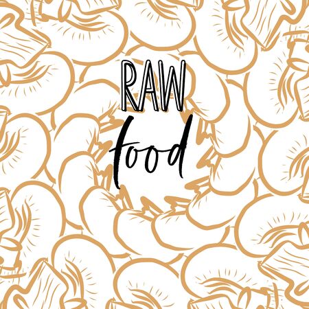 RAW food lettering on outlined Mushrooms banner template. Hand drawn veggies with handwritten letters on white.のイラスト素材