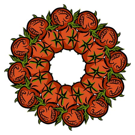 Tomatoes arranged in a circle. Seamless round composition with hand drawn veggies. Vector illustration on white background.のイラスト素材