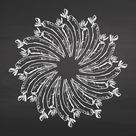 Outline version of Carrots arranged in a circle. Seamless round composition with hand drawn veggies. Vector illustration on blackboardのイラスト素材
