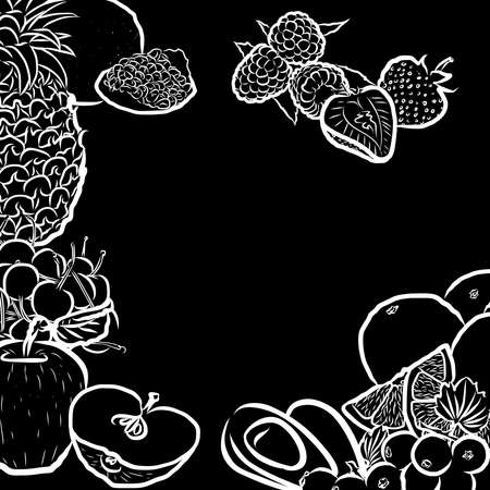 fresh fruits on blackboard background. Black and white hand drawn illustration. Icon sign for print and labeling.のイラスト素材