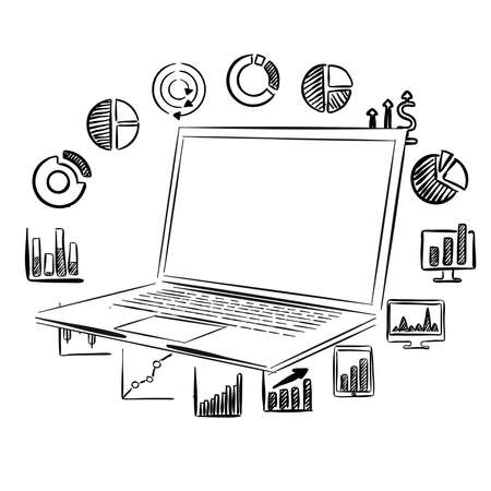 laptop pc with business icons. Black and white hand drawn illustration. Icon sign for print and labeling.のイラスト素材