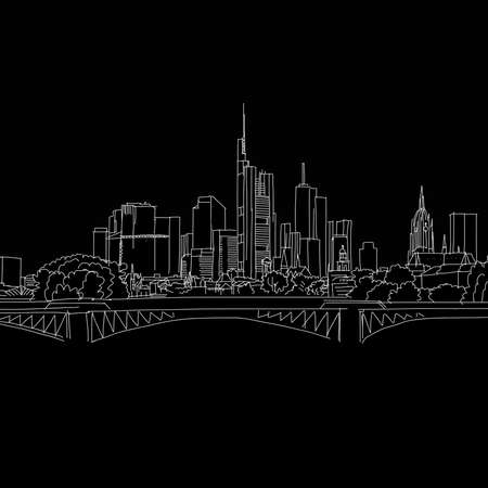 Frankfurt skyline drawing. Black and white hand drawn illustration. Icon sign for print and labeling.のイラスト素材