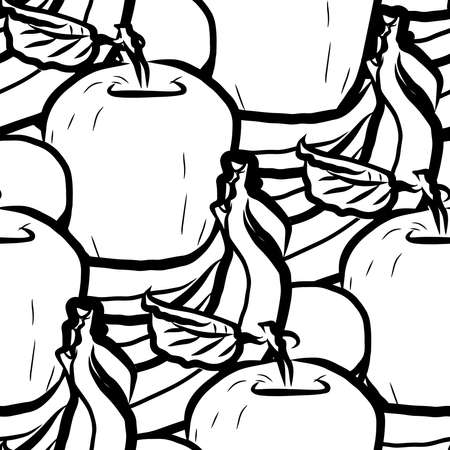 Apples and bananas seamless pattern. Black and white hand drawn illustration. Icon sign for print and labeling.のイラスト素材