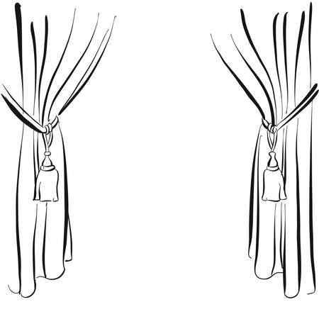 curtains on stage drawing drawing. Black and white hand drawn illustration. Icon sign for print and labeling.のイラスト素材
