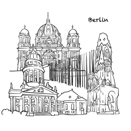 Famous buildings of Berlin, Germany Composition. Hand-drawn black and white vector illustration. Grouped and movable objects.のイラスト素材