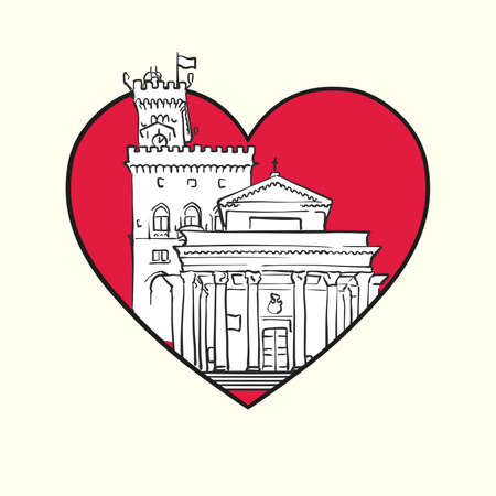 I love City of San Marino. Red heart and famous buildings, San Marino Composition. Hand-drawn black and white vector illustration. Grouped and movable objects.のイラスト素材
