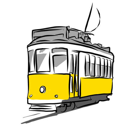 A typical tram 28 in Alfama district. LISBON, PORTUGAL. Hand drawn vector sketch separated on white backgroundのイラスト素材