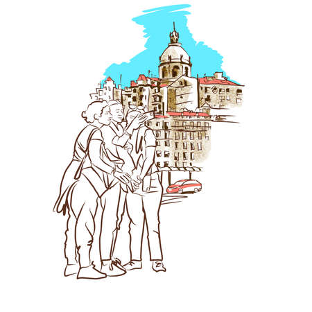 Lisbon, Portugal travel sketch. Ancient panorama of Lisbon, Portugal. Vector drawing of urban landscape in hand drawn sketch style.のイラスト素材