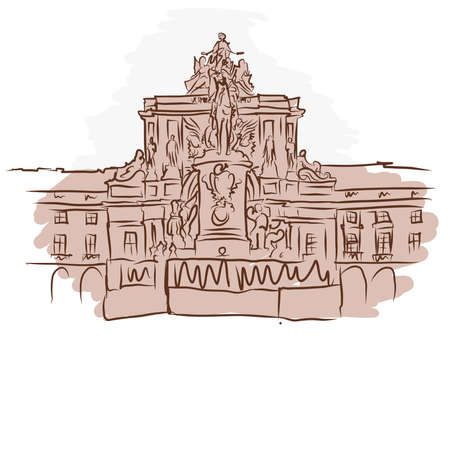 Lisbon Commerce Square vector drawing. Arco Triunfal da Rua Augusta. Commerce Square hand drawn vector sketch.のイラスト素材